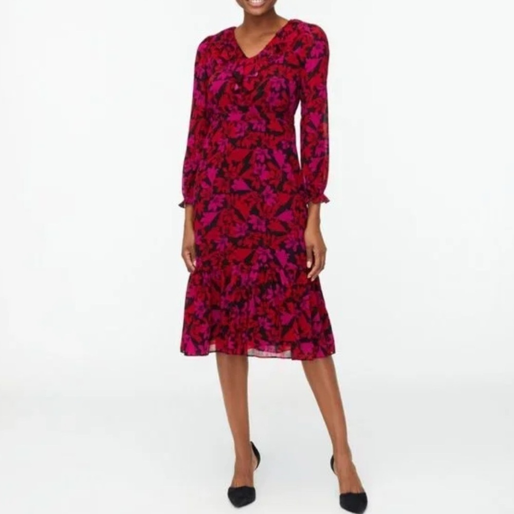 J Crew Floral V Neck Midi Dress Tiered Ruffle Size 8
